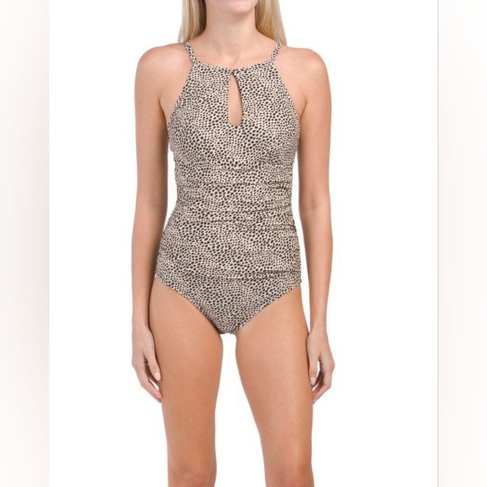Ellen Tracy Spotted High Neck Tummy Control One Piece Swimsuit Size 10